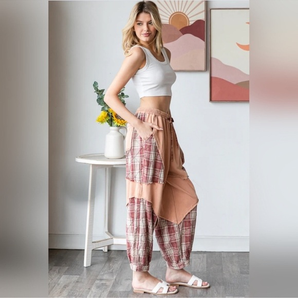 🧡🧡 Oli & Hali Washed Plaid Mixed Terry Detail Pants - Picture 4 of 5